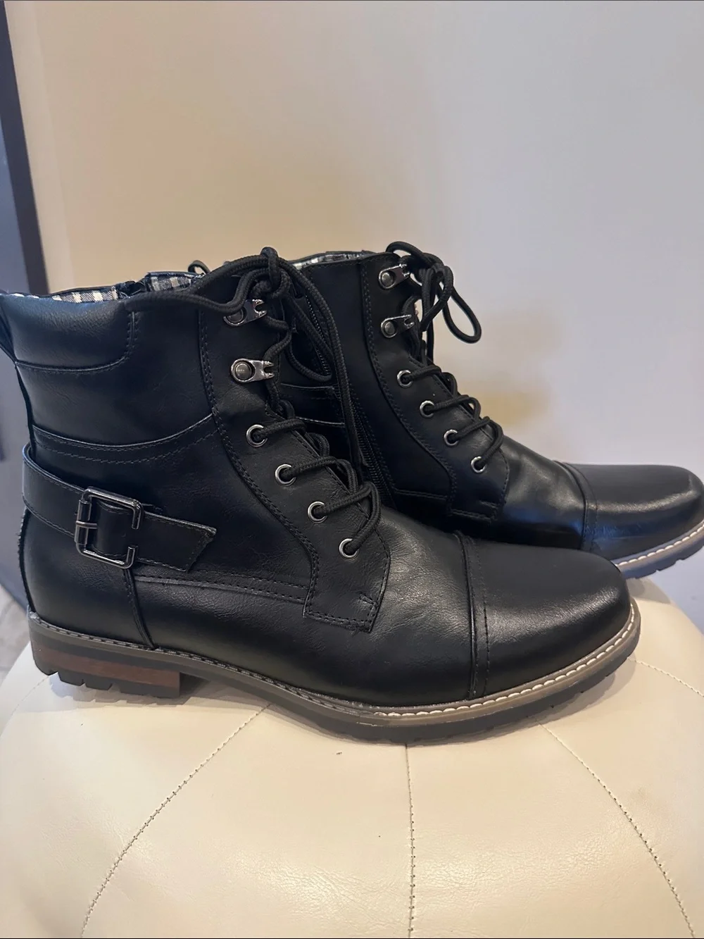 Bruno Marc Men's Black Motorcycle Combat Lace Up Boots with Side Zipper Size 11
